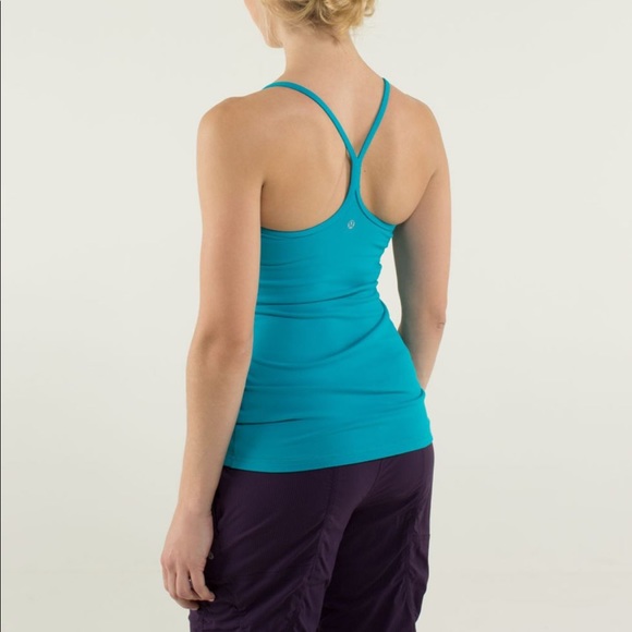 Size 8 Lululemon Power Y Tank turquoise in color